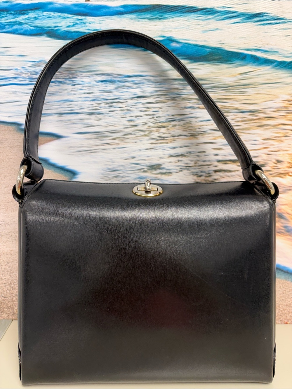 VTG Gucci Black Leather Accordion Top Handle Shoulder Bag 1970s Turnlock Boxy - Picture 2 of 16
